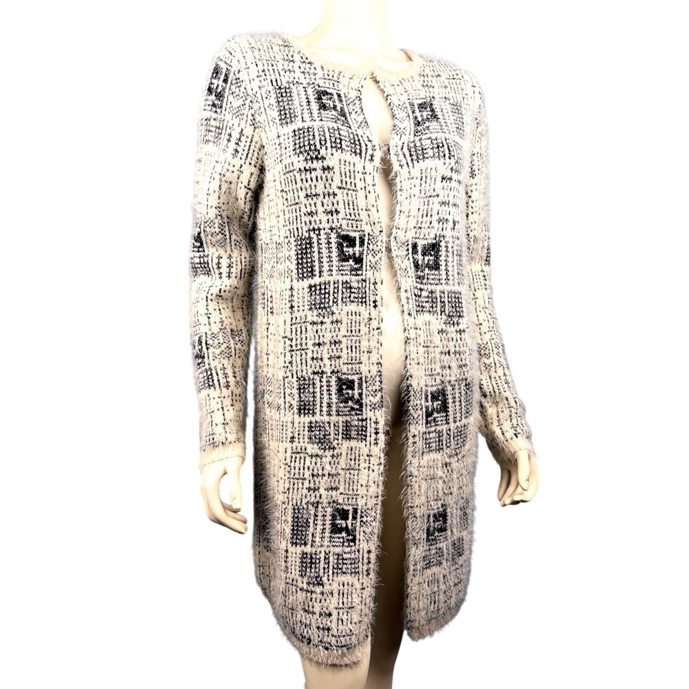 Lapis‎ Fuzzy Plaid Cardigan Sweater Black White Eyelash Knit Longline Oversized